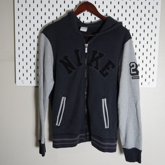 Nike Sportswear Full Zip Hoodie Jacket Black Gray Varsity 24 Patches Mens Small - Picture 1 of 13